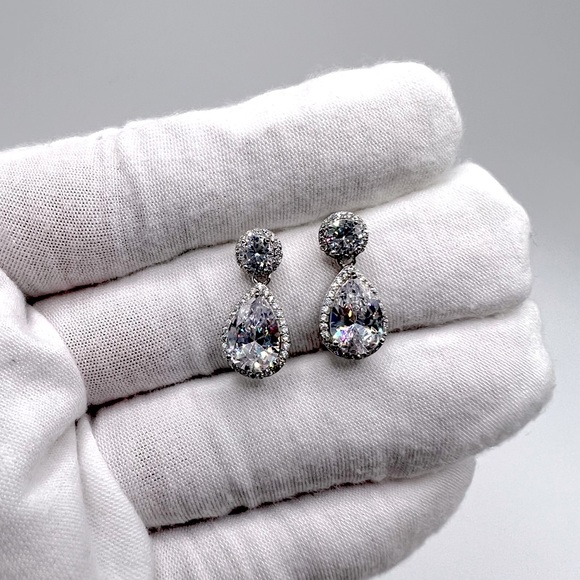 .925 Sterling Silver Rhodium Plated Teardrop CZ Earrings - Picture 3 of 17